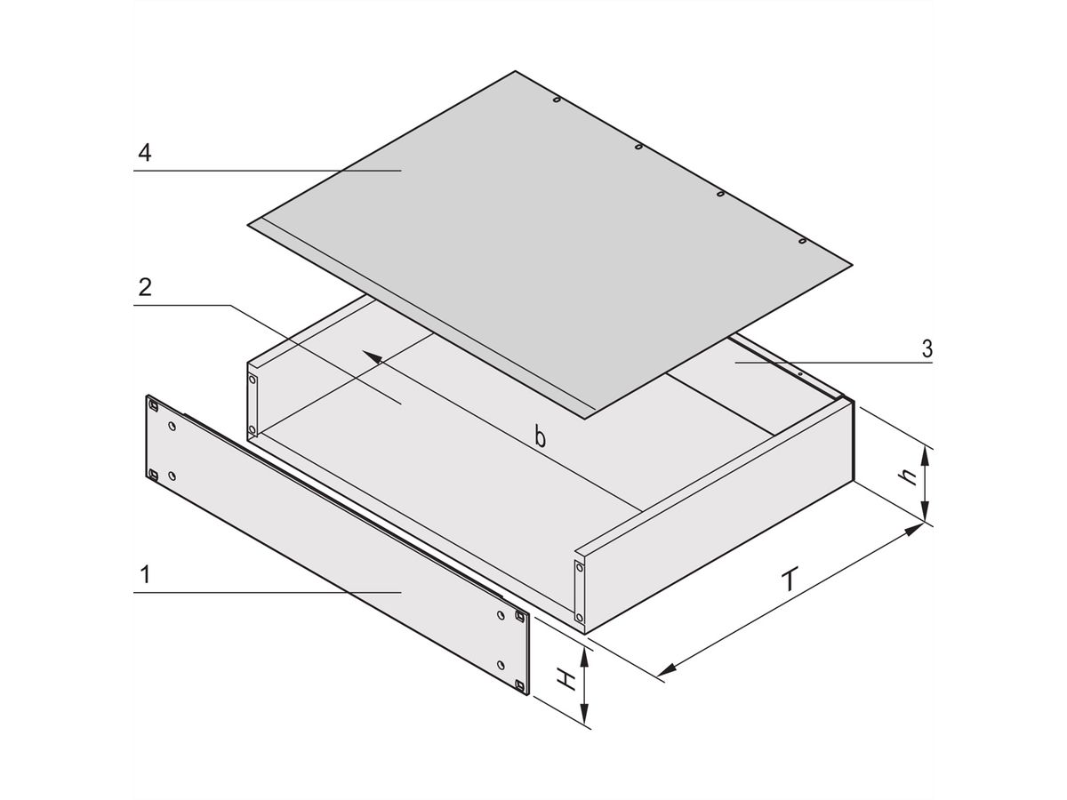 SCHROFF 19"-Kompletteinschub aus Stahlblech, Deck- und Bodenblech geschlossen - MULTIPAC 1HE 280T ALZN