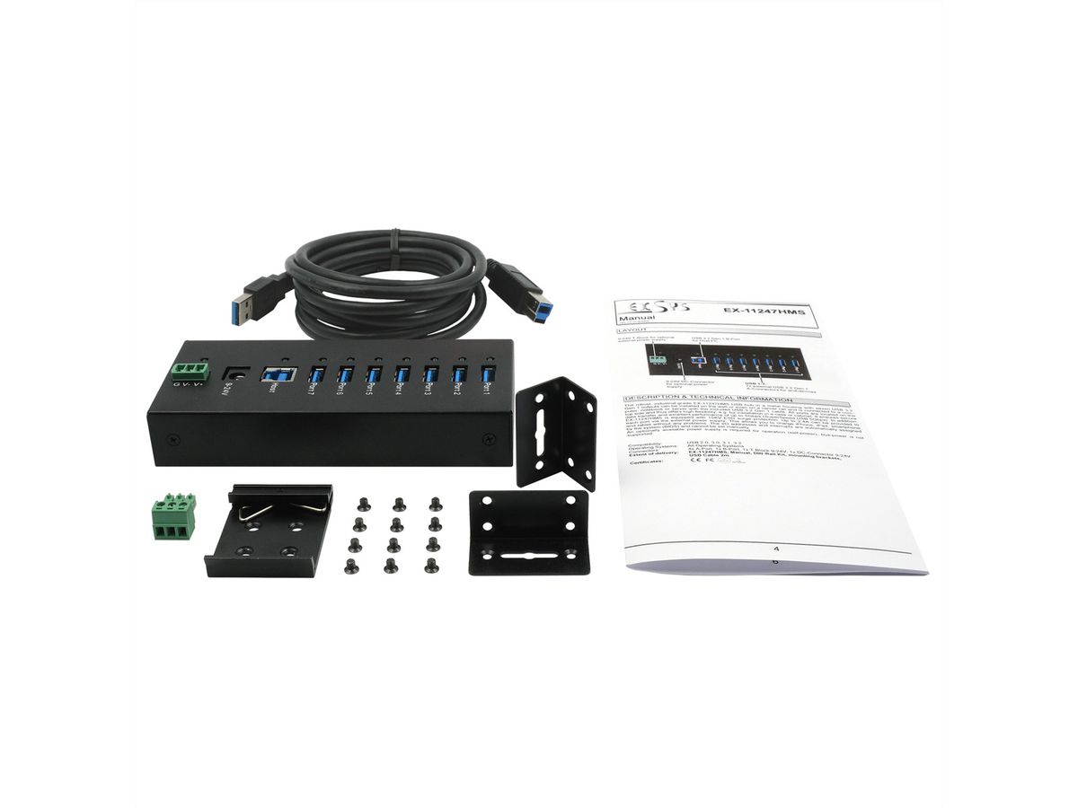 EXSYS EX-11247HMS 7 Port USB 3.2 Gen 1 HUB Din-Rail Kit und Wand VIA VL813 Chipset