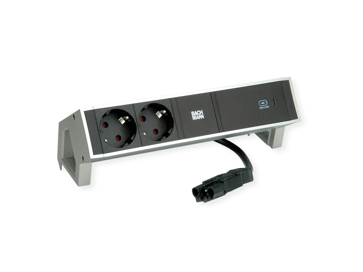 BACHMANN DESK2 2xSchutzkontakt USB C, USB Charger 60W 0,2m GST18 INOX
