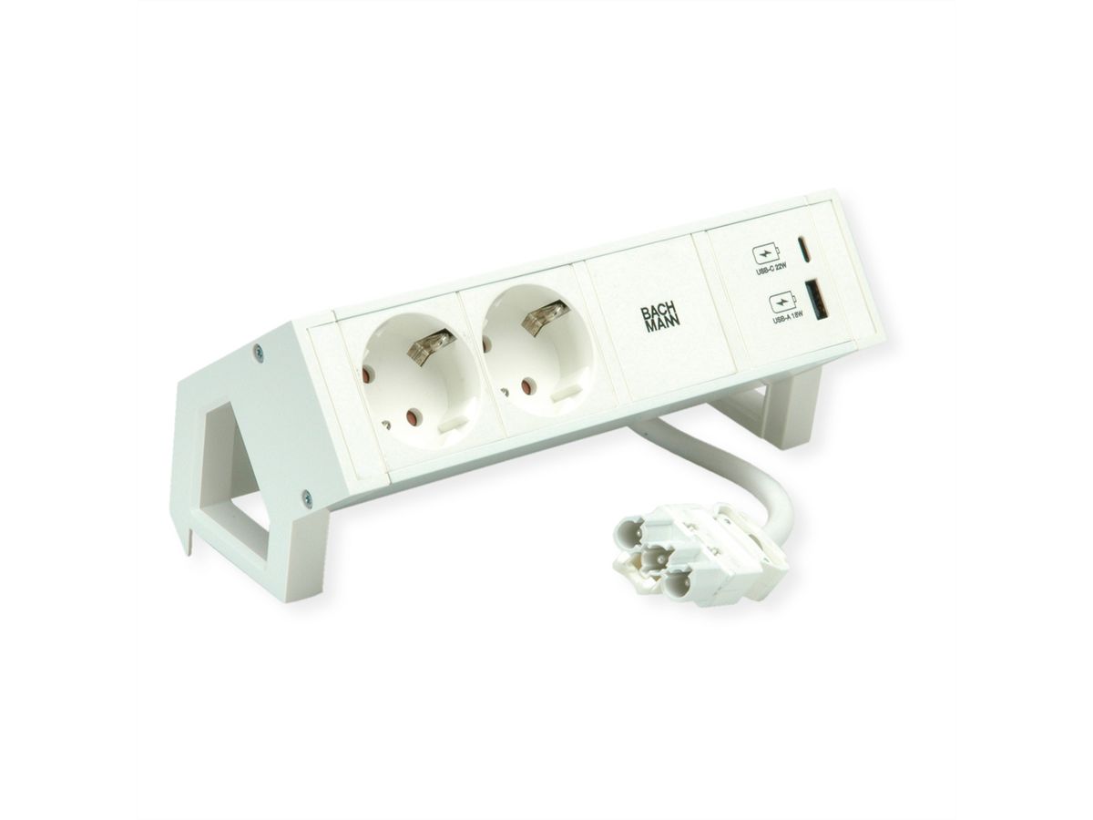 BACHMANN DESK2 ALU WHITE 2x Schutzkontakt, USB Charger 22W A&C, 0,2m GST18