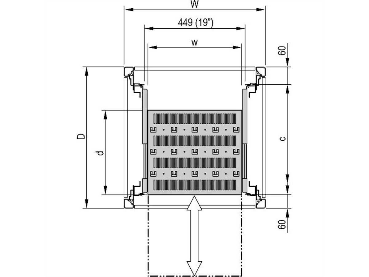 SCHROFF 19''- / Gestell- Fachboden ausziehbar, verkürzt um 100 mm - 19"FA AUS 2HE C=500 RED 7021