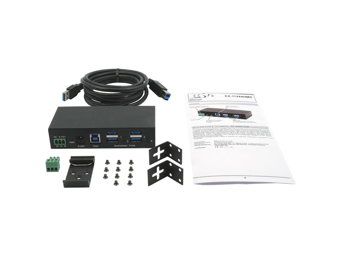 EXSYS EX-11244HMS 4 Port USB 3.2 Gen 1 HUB Din-Rail Kit und Wand VIA VL813 Chipset
